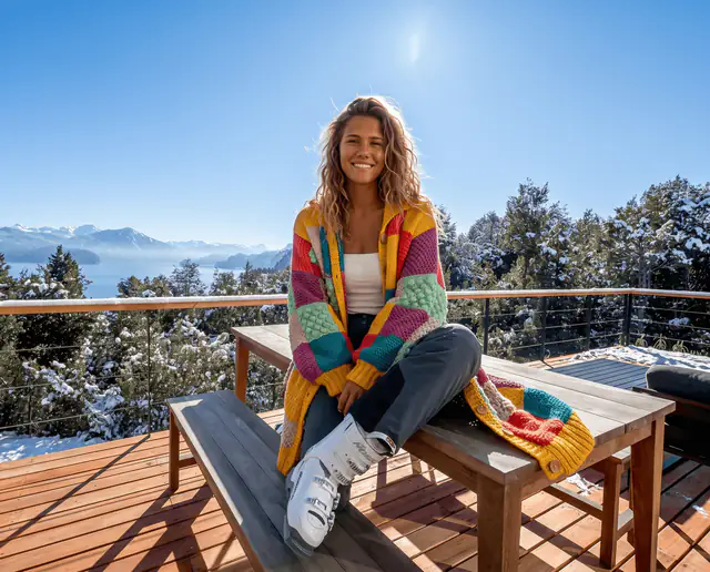 Après-ski on the table, cardigan open, one ski boot