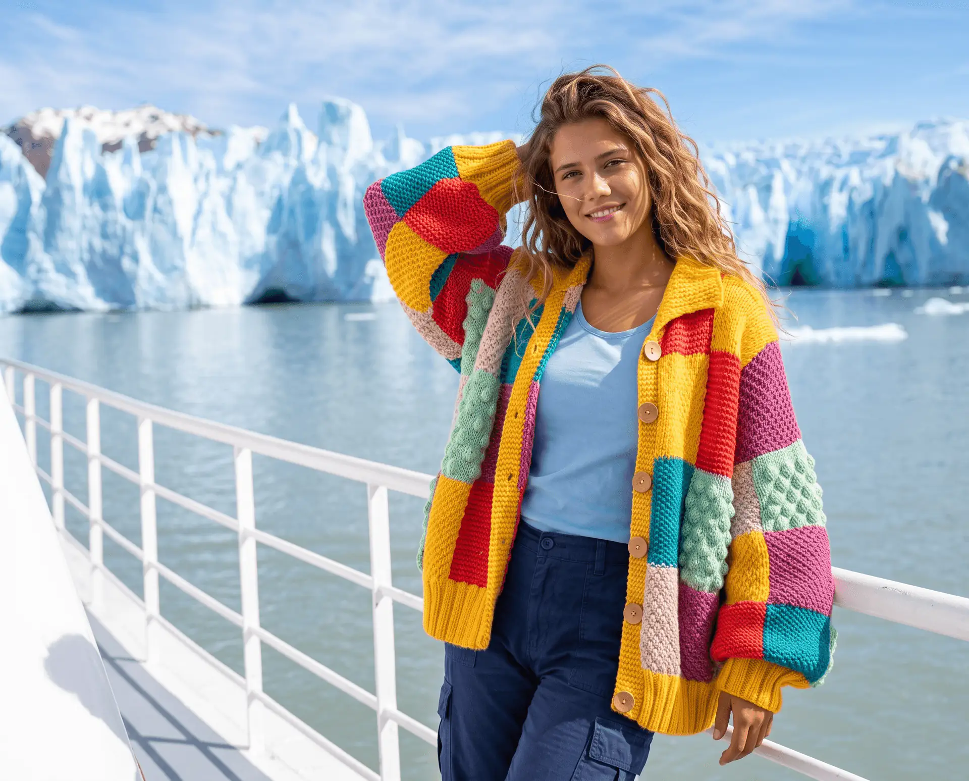 Chunky cardigan at the boat rail, Lago Argentino glacier behind