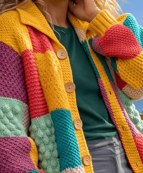 Patchwork cardigan front in full sun, wooden buttons down the placket