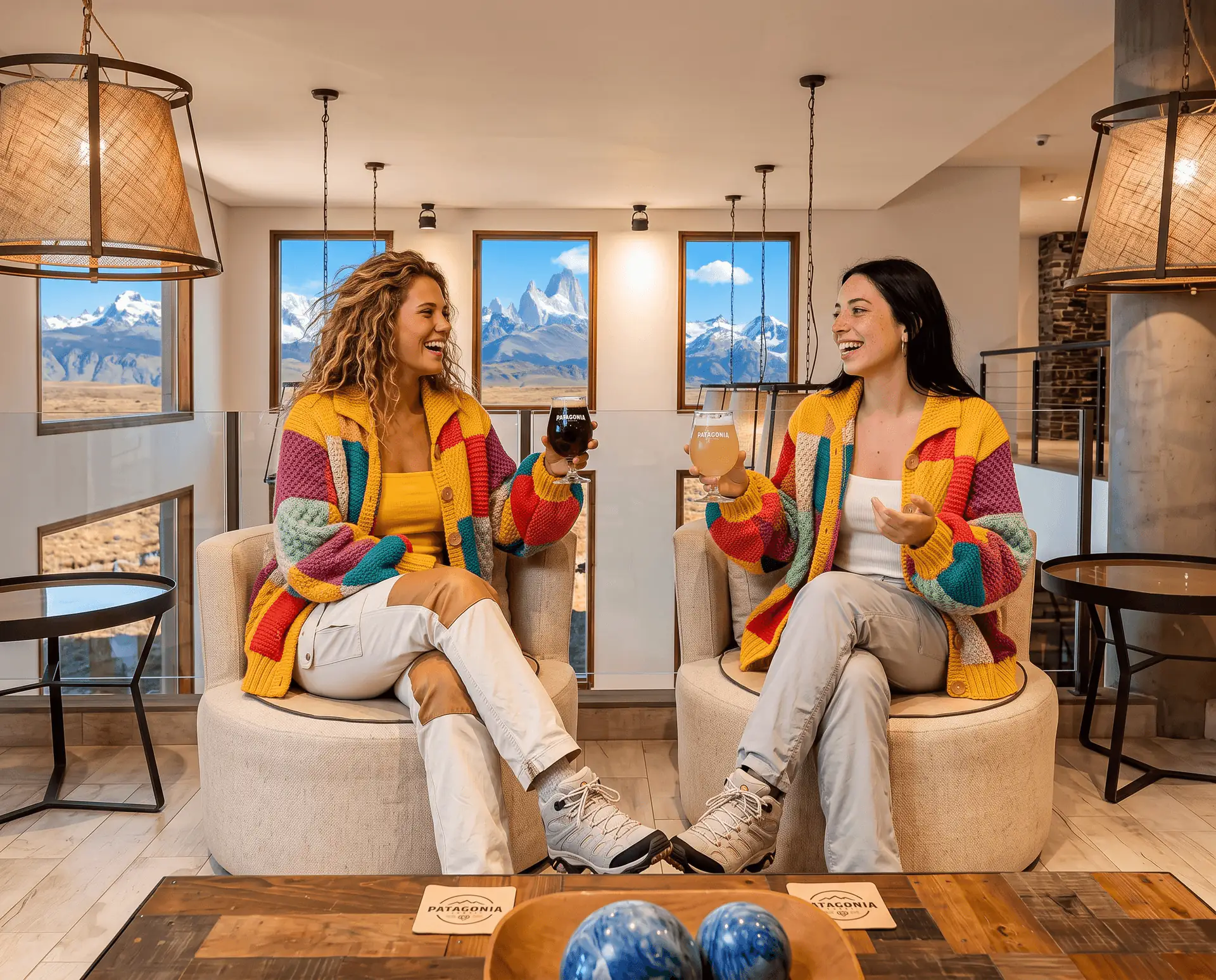 Two friends toasting in the lodge, Fitz Roy in the windows