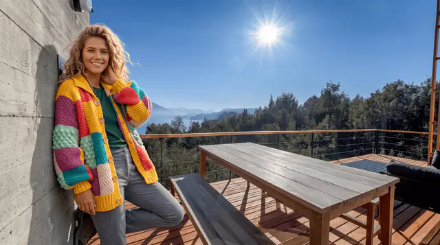 Colorful cardigan on a terrace in hard sun