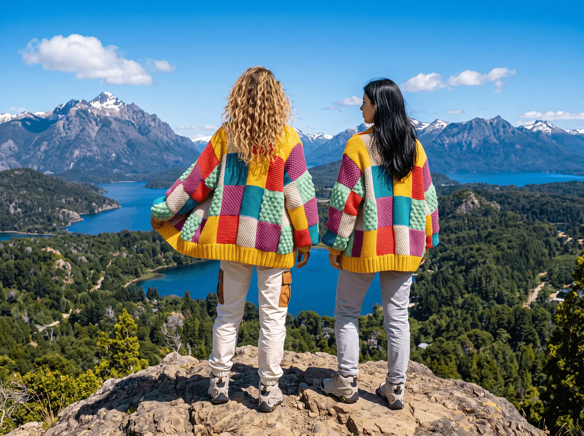 Two colorful cardigans above the lakes of Bariloche
