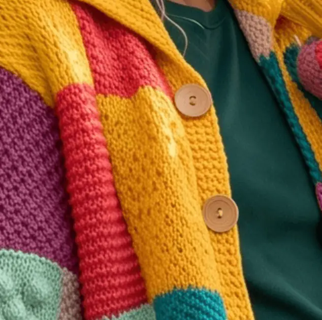 Hand knit cardigan stitch — cotton squares and wooden buttons