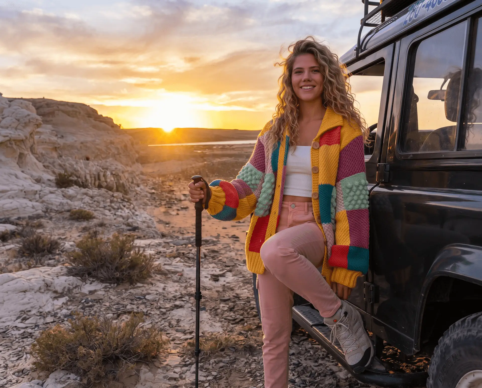 Sunset by the jeep, hiking pole in hand, cardigan still on