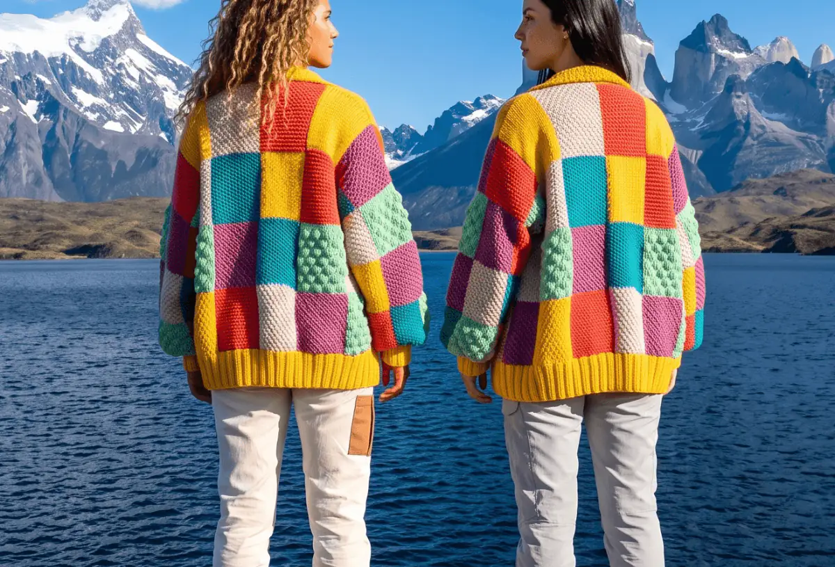 Two unique cardigans from the back, Torres del Paine across the lake