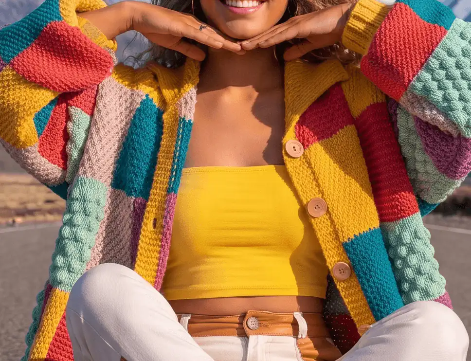 Wooden buttons on a patchwork knit cardigan, close up