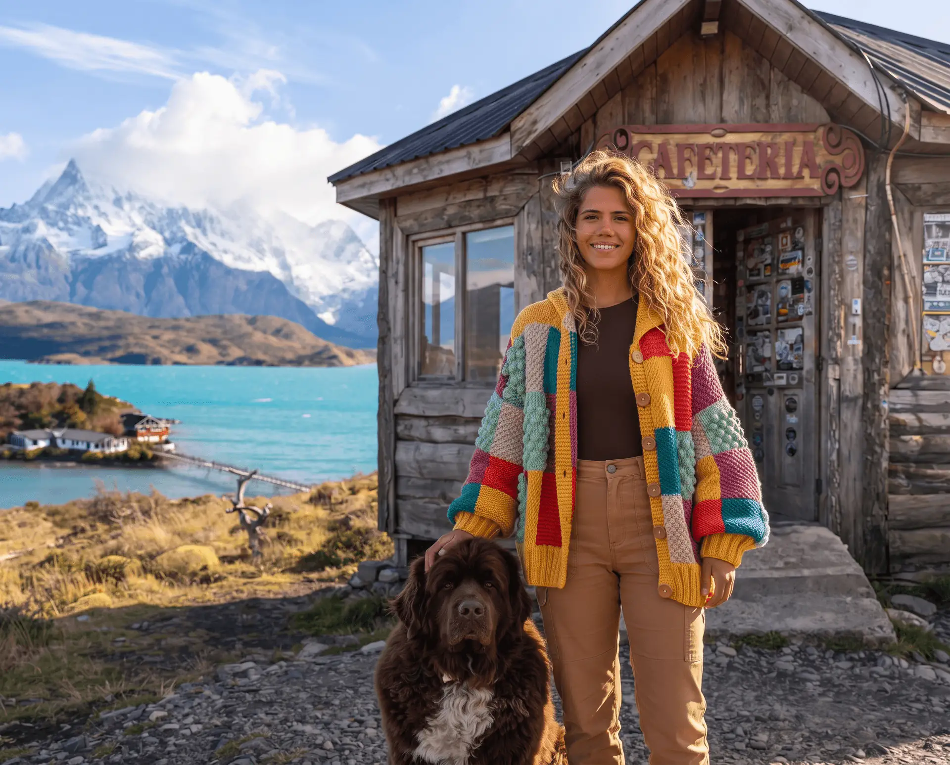 Women’s knit cardigan outside a Patagonian cafetería, dog included